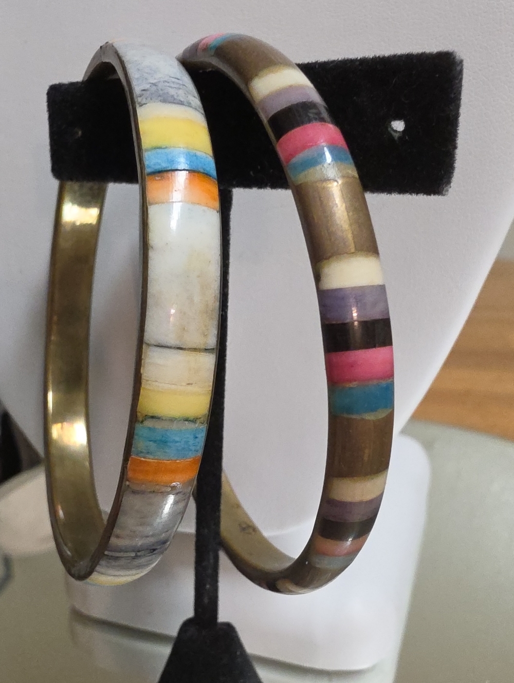 Vintage Brass and Bone Inlay Bangle Bracelets Set - Stacked Multicolor - Picture 3 of 5